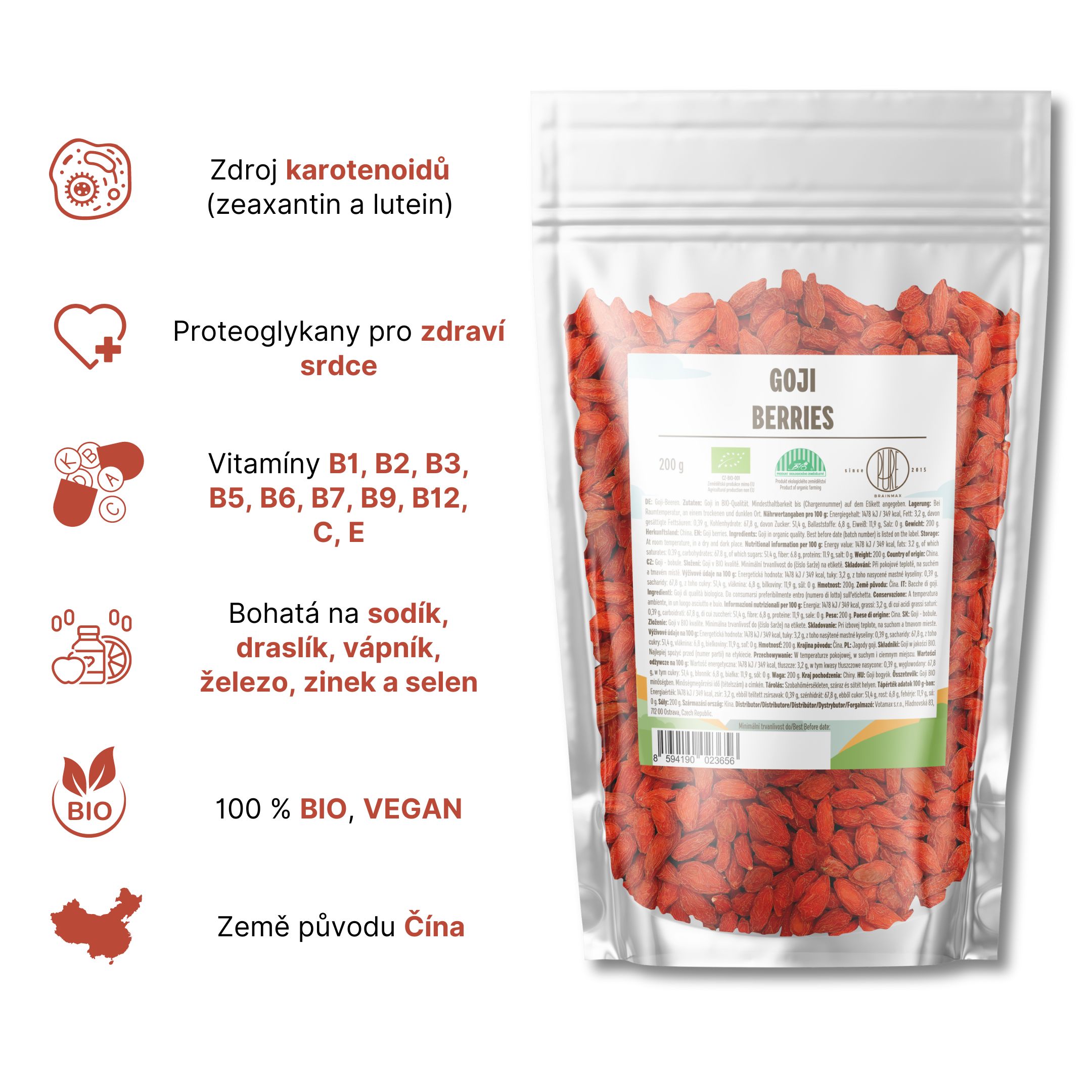 BrainMax Pure Goji sušené, kustovnice čínská, BIO, 200 g